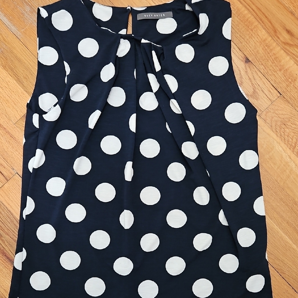 Suzy Shier Navy and White Polka Dot Blouse